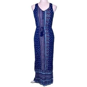 Women's Resort Vacation Maxi Dress Navy Blue Ethnic Stripe Print Tassels Size Sm